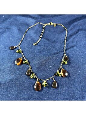 Lia Sophia Gold-Tone Necklace With Brown & Green Teardrop Beads Adjustable Chain